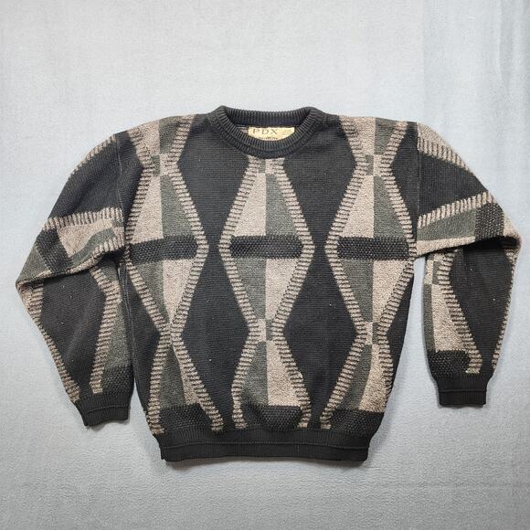 PDX Jantzen Vintage Mens Sweater Large Acrylic Black Grey Geometric Diamond 90s - Picture 1 of 15
